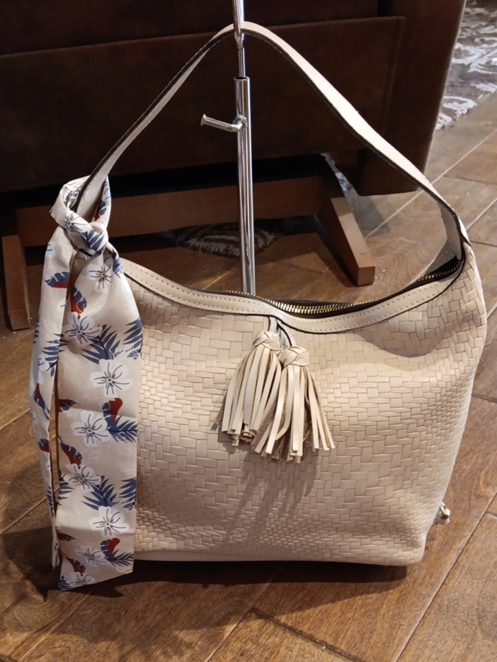 Patricia Nash Cream Woven Tassel Shoulder Bag with Scarf Tie